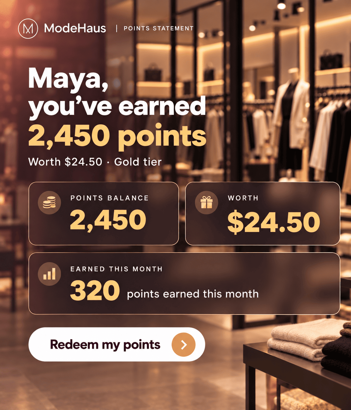 Points statement: Priya, you've earned 2,450 points